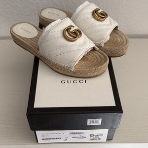 Gucci Women's White Espadrille Slides with Gold Logo